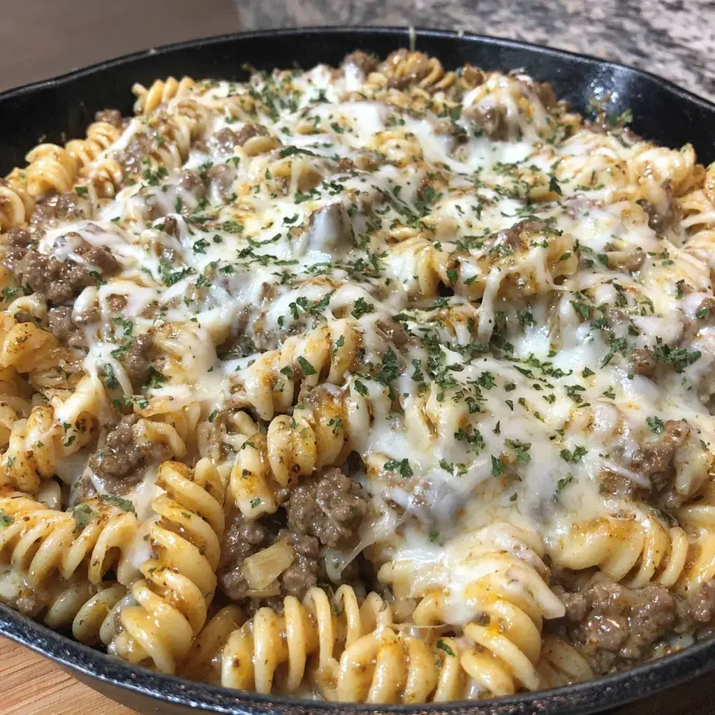 A sizzling skillet of Cheese Steak Hamburger Helper with ground beef, peppers, onions, and melted cheese bubbling beneath macaroni noodles.