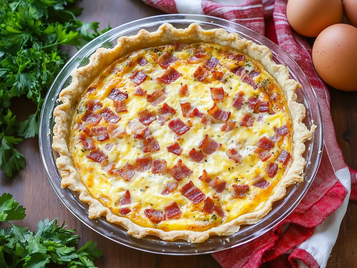 Close-up of sliced bacon and cheese quiche ready to serve