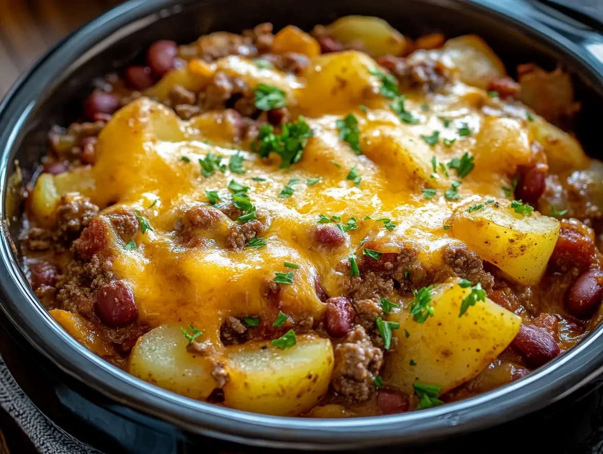 Finished Slow Cooker Cowboy Potato Casserole Served on a Plate with Garnish