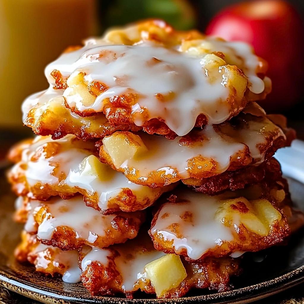 A stack of baked apple fritters with vanilla glaze on a plate, ready for serving with coffee.