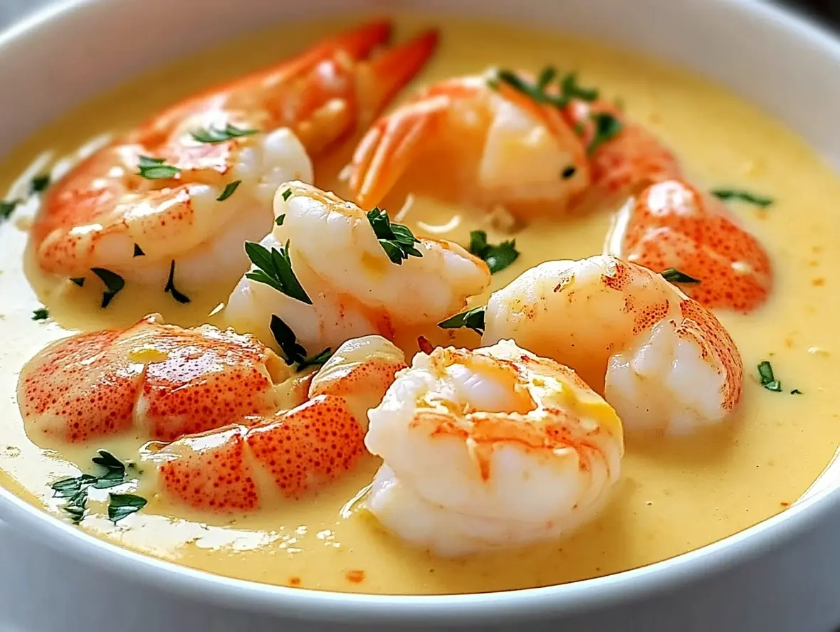 Close-up of garnished seafood bisque with bread on the side