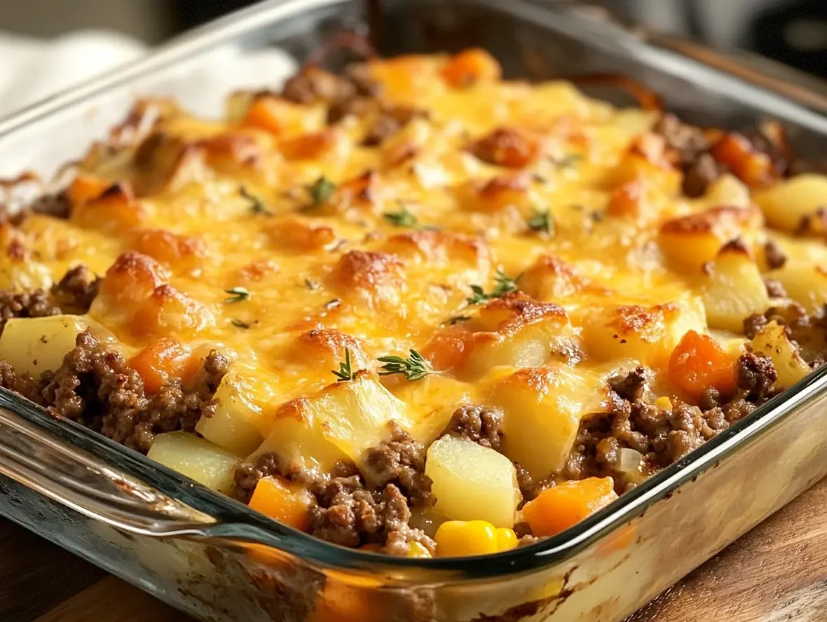 Close-up of a plated serving of Amish Hamburger Bake with melted cheese and fresh fall veggies
