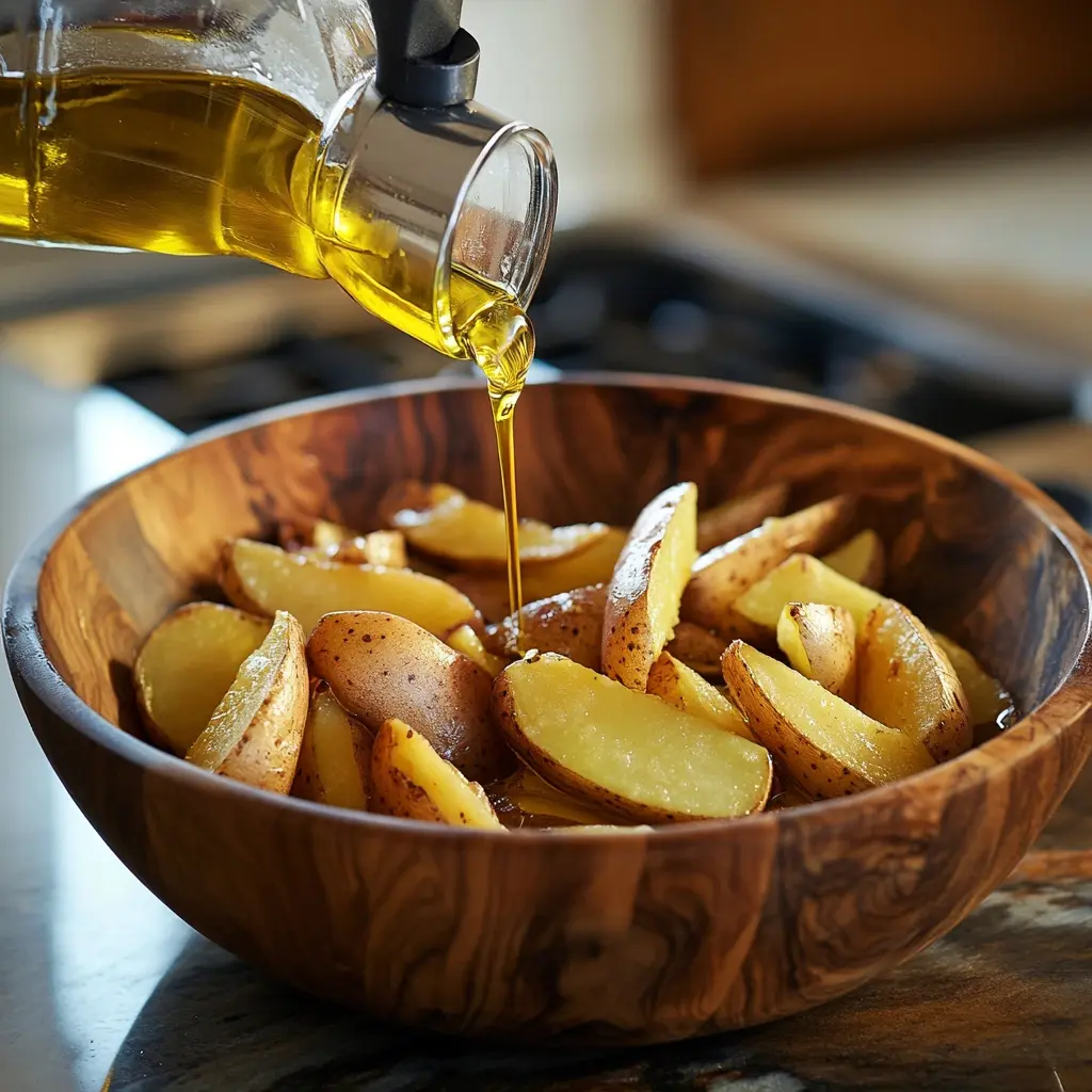 Close-up of garlic and Parmesan coated potato wedges, showcasing crispy edges.