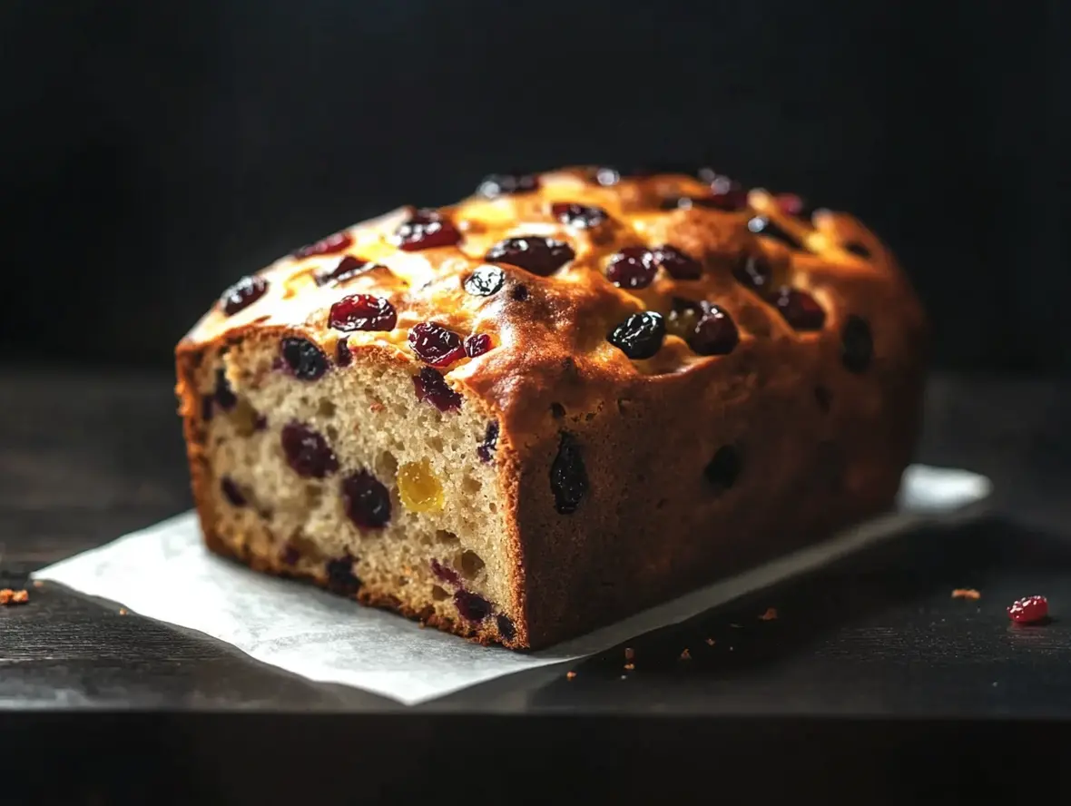 Close-up of sliced banana fruit bread displaying moist interior with banana pieces and optional berry swirls