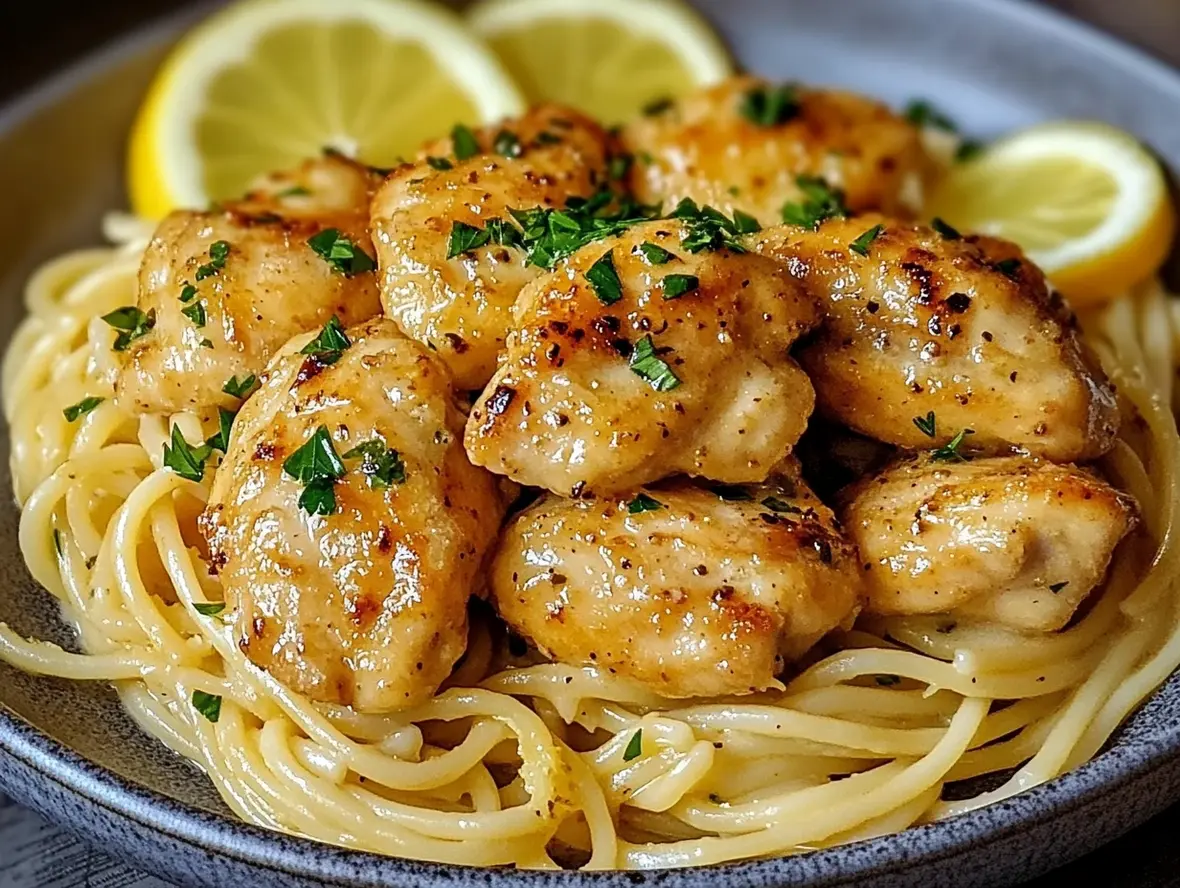 Close-up of garlic butter chicken plated with lemon parmesan pasta