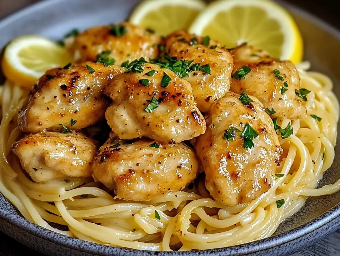 Appetizing garlic butter chicken with lemon parmesan pasta