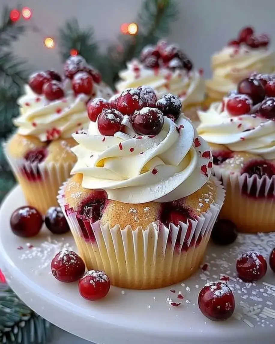 Delicious Cranberry Orange White Chocolate Cupcakes fresh out of the oven, showcasing vibrant cranberries and creamy frosting