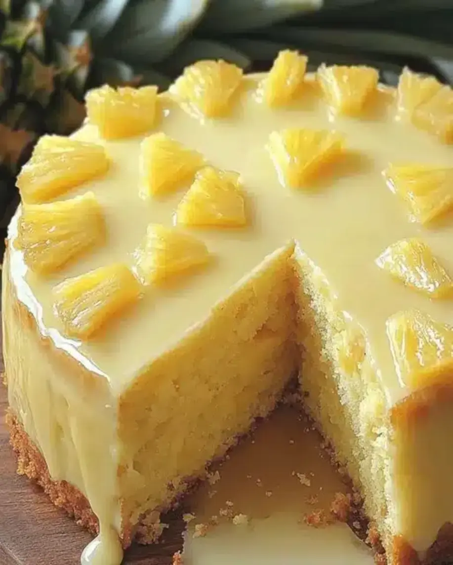 Finished pineapple cake sliced on a plate with toppings, showing the juicy texture and tropical appeal