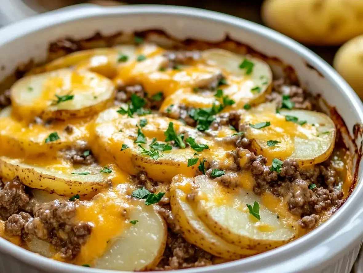 Slow Cooker Cowboy Potato Casserole ingredients layered in the pot