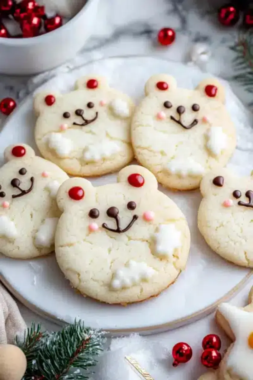An enticing close-up of decorated Whimsical Polar Bear Cookies, showing detailed icing and festive designs, perfect for holiday sharing.