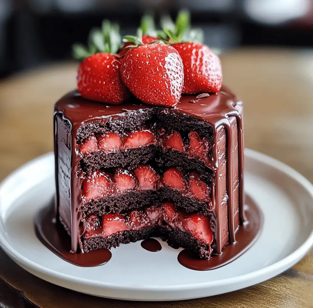 Overhead view of a fully assembled chocolate strawberry cake with garnishes.