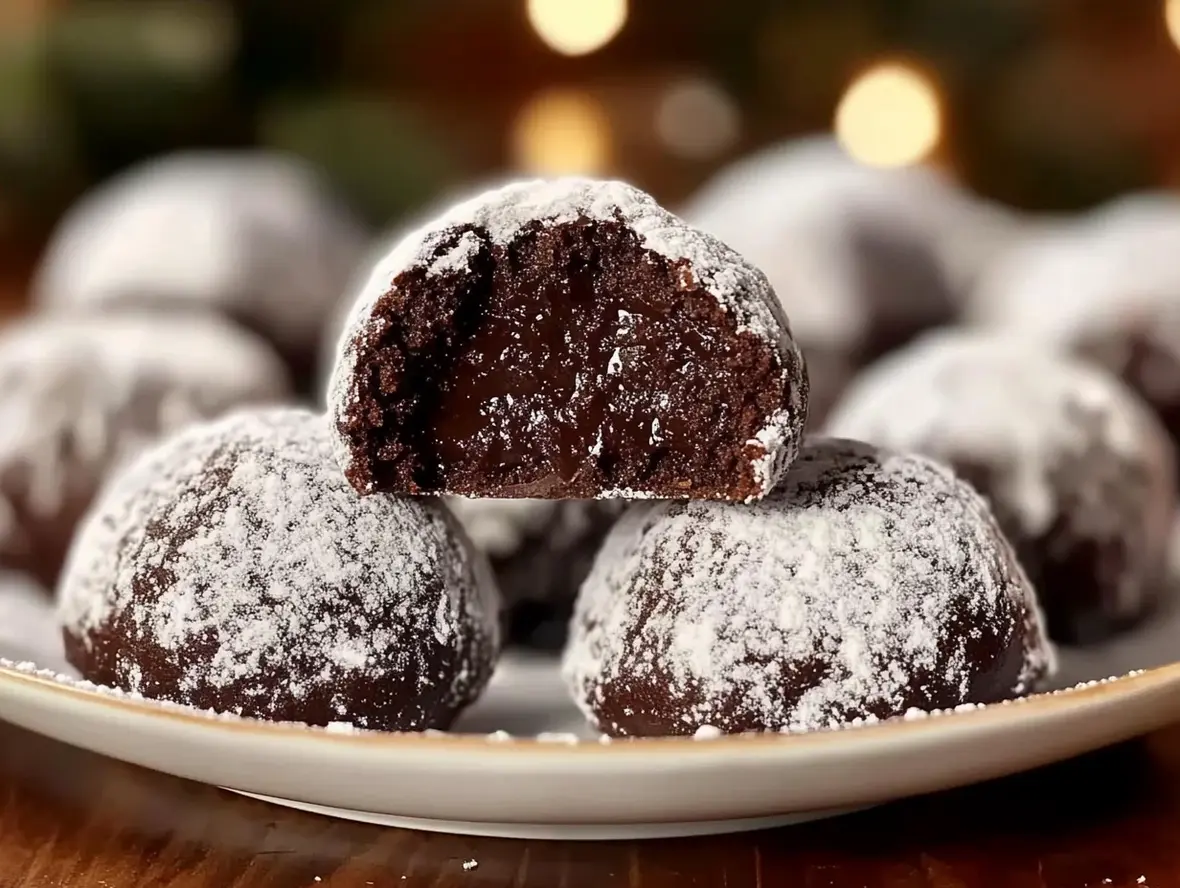 Baked chocolate snowball cookies dusted in powdered sugar, ready to serve.
