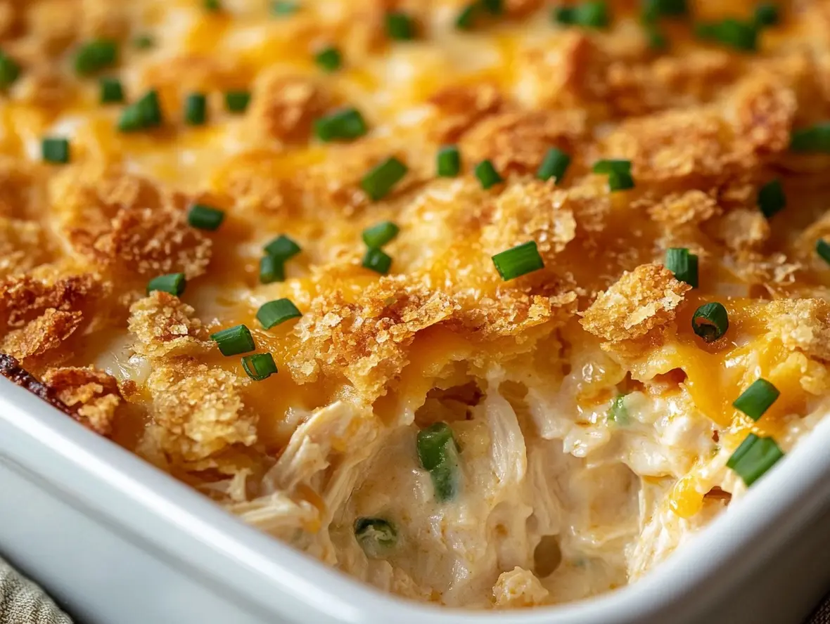 Served Chicken Hashbrown Casserole with garnishes