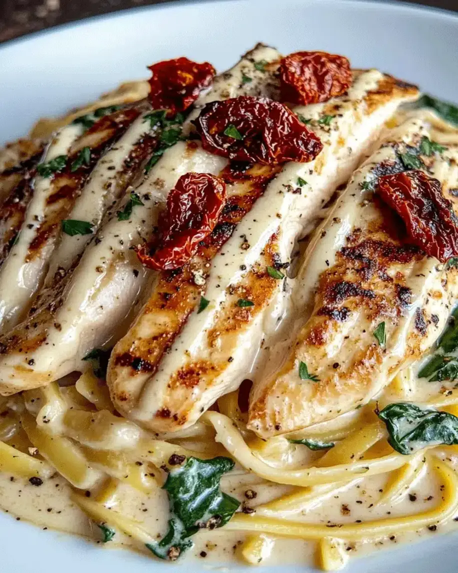 Overhead view of served creamy chicken fettuccine Alfredo with sun-dried tomatoes on a dining table, ready to enjoy.