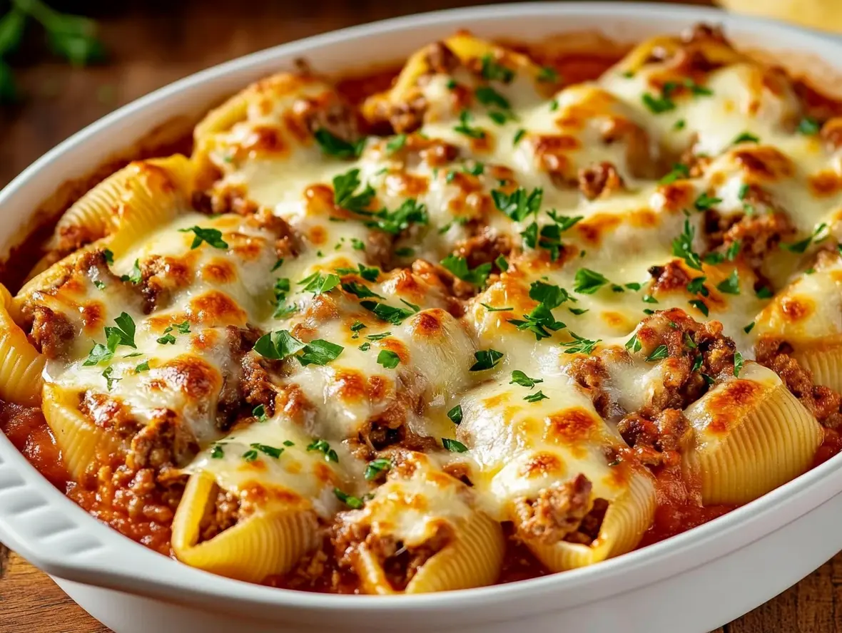 Close-up of garnished and plated Ground Beef Stuffed Shells