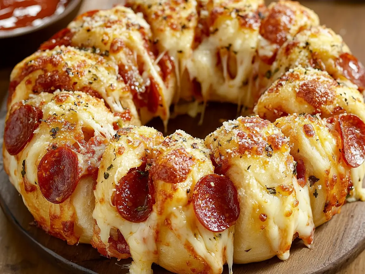 A plated close-up of pull apart pizza bread pieces, showcasing melted cheese and toppings, with a crowd enjoying it in the background.