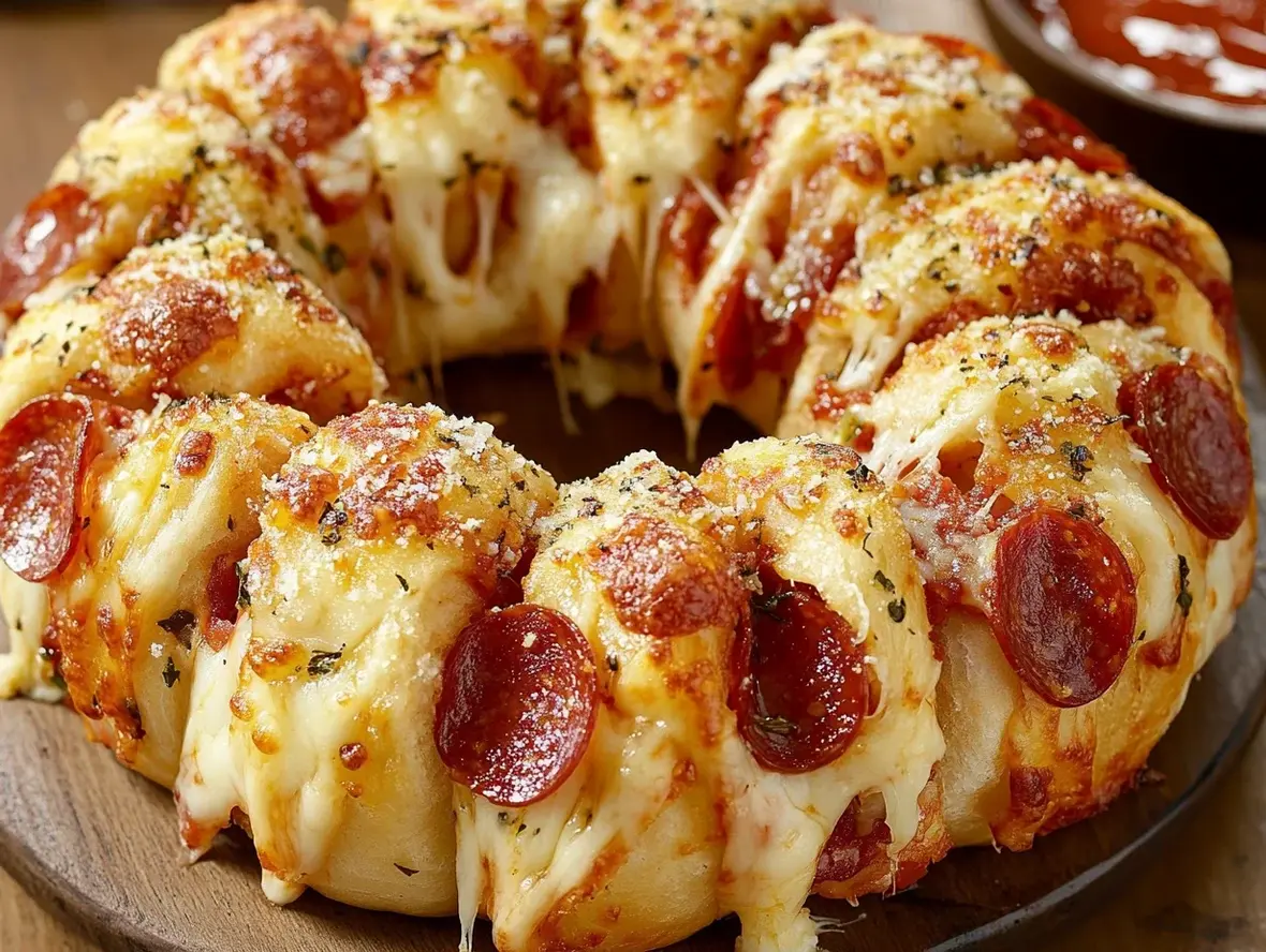 A close-up view of freshly baked pull apart pizza bread with gooey cheese and toppings, ready to be pulled apart.
