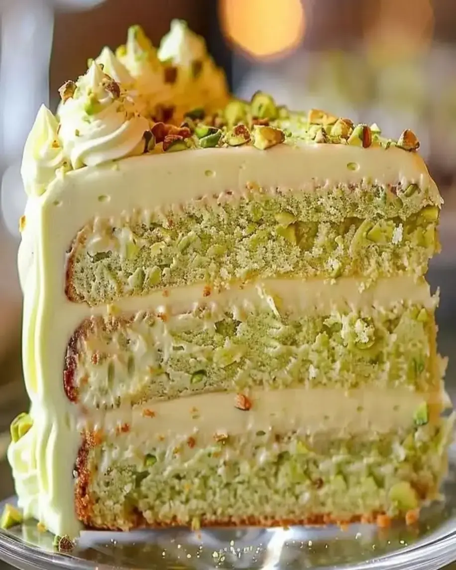 A slice of the best creamy pistachio cake, showcasing its green pistachio layers and fresh greenery garnish.