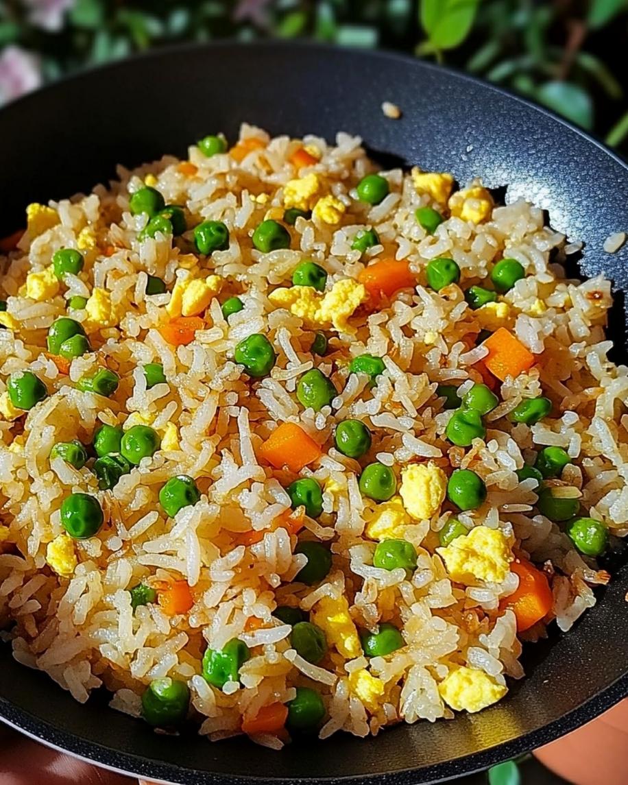 Close-up of finished fried rice with garnishes