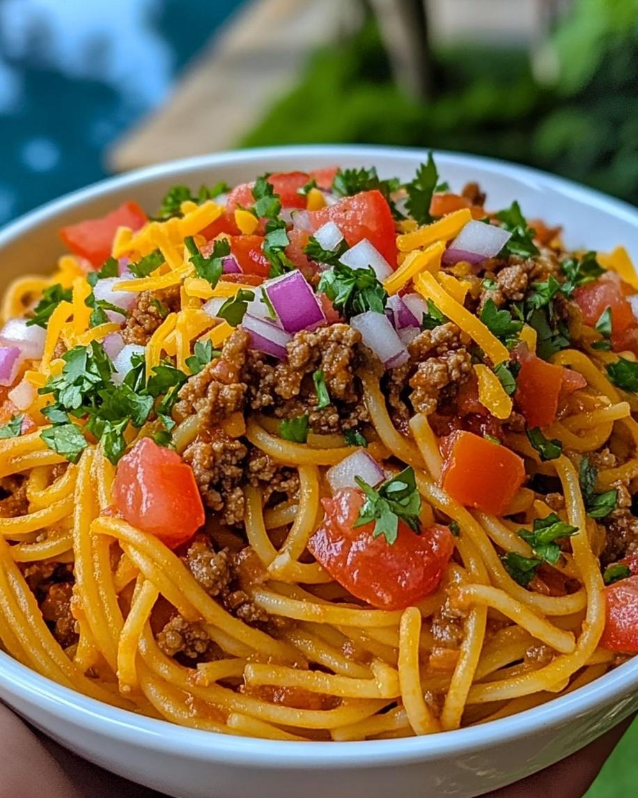 A close-up of plated Taco Spaghetti with melted cheese, beef, spaghetti, and vibrant toppings like cilantro and lime