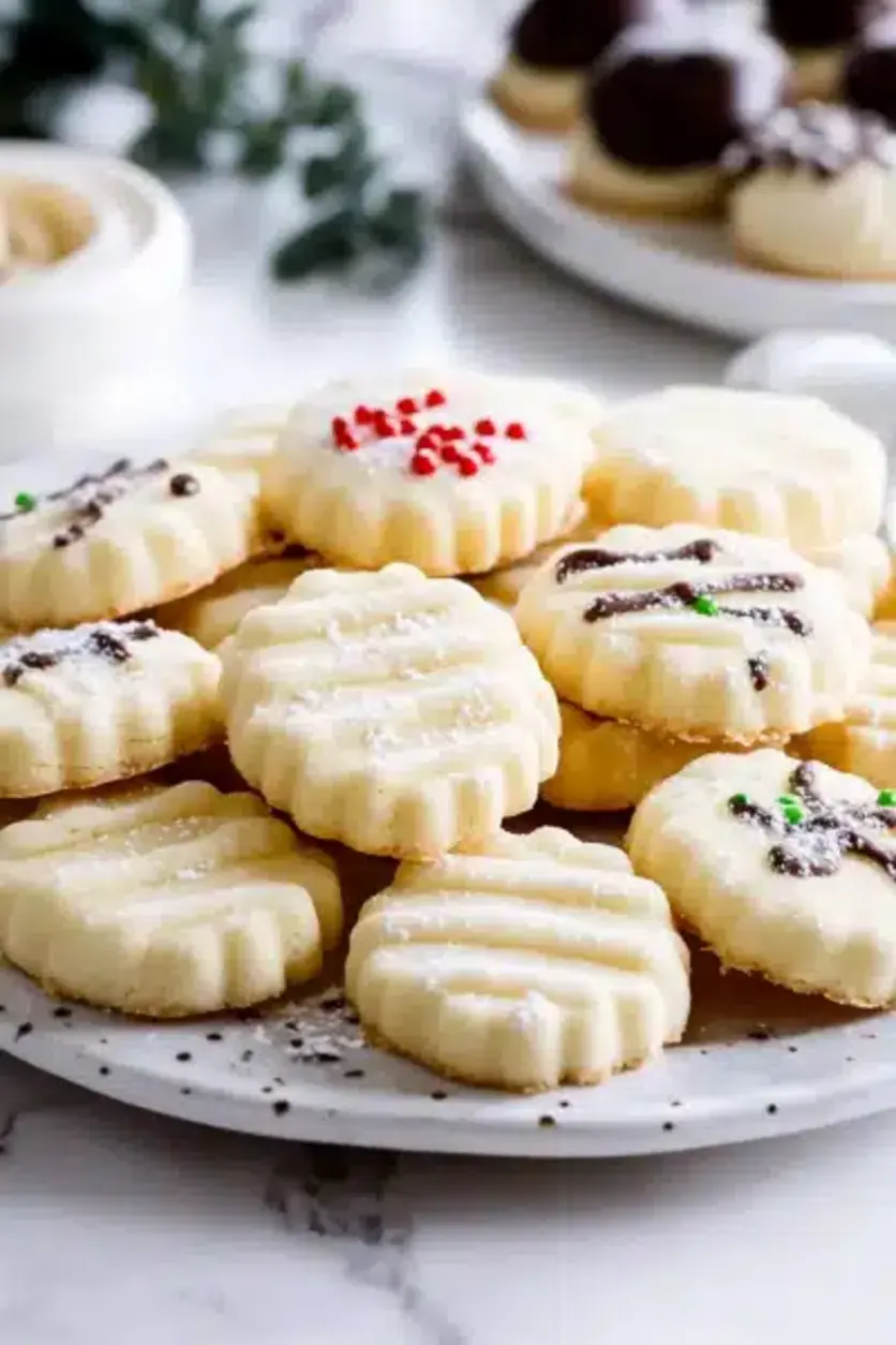 Decorated whipped shortbread cookies on a festive platter