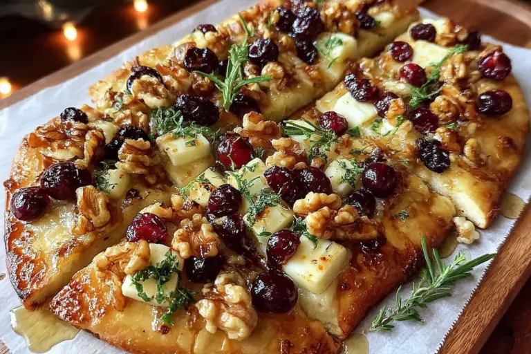 Crispy Flatbread with Brie, Cranberries Toasted Walnuts with a Hot Honey Drizzle