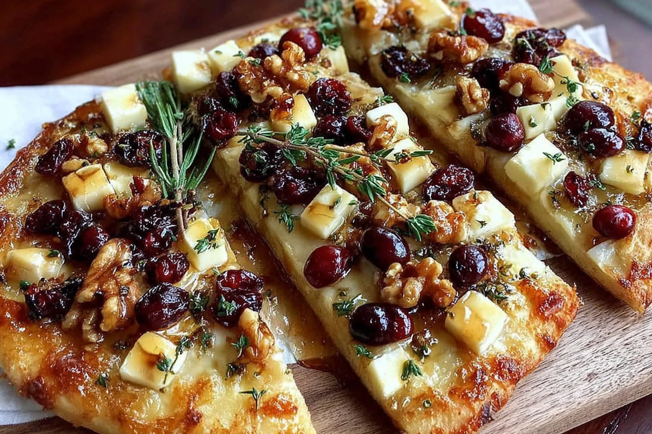 Crispy Flatbread with Brie, Cranberries Toasted Walnuts with a Hot Honey Drizzle