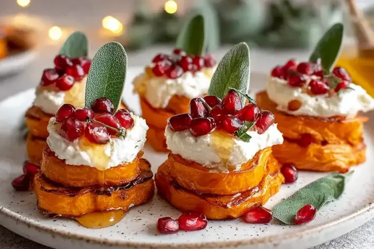 Sweet Potato Ricotta Towers with Pomegranate Seeds and Sage Honey