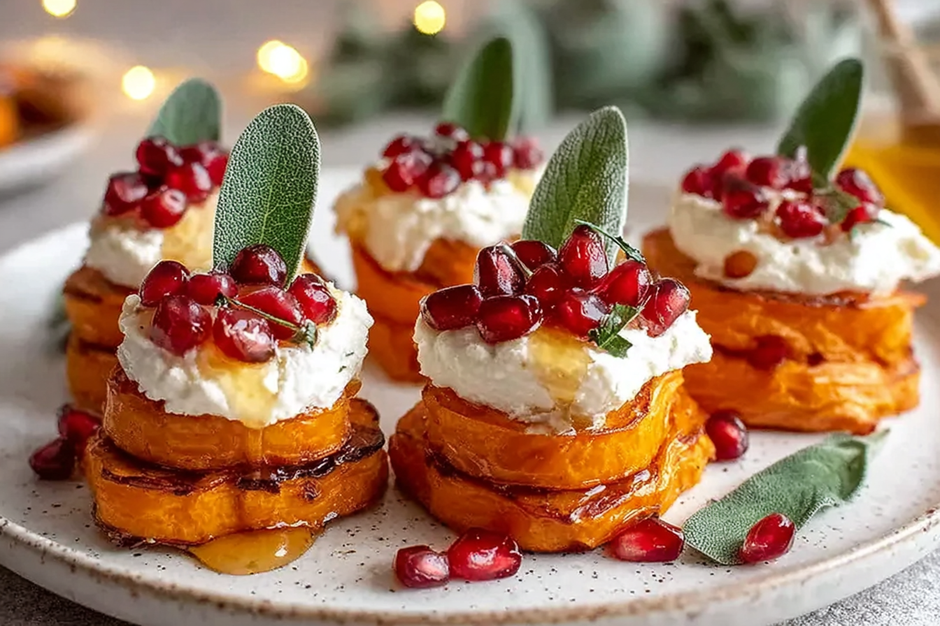 Sweet Potato Ricotta Towers with Pomegranate Seeds and Sage Honey
