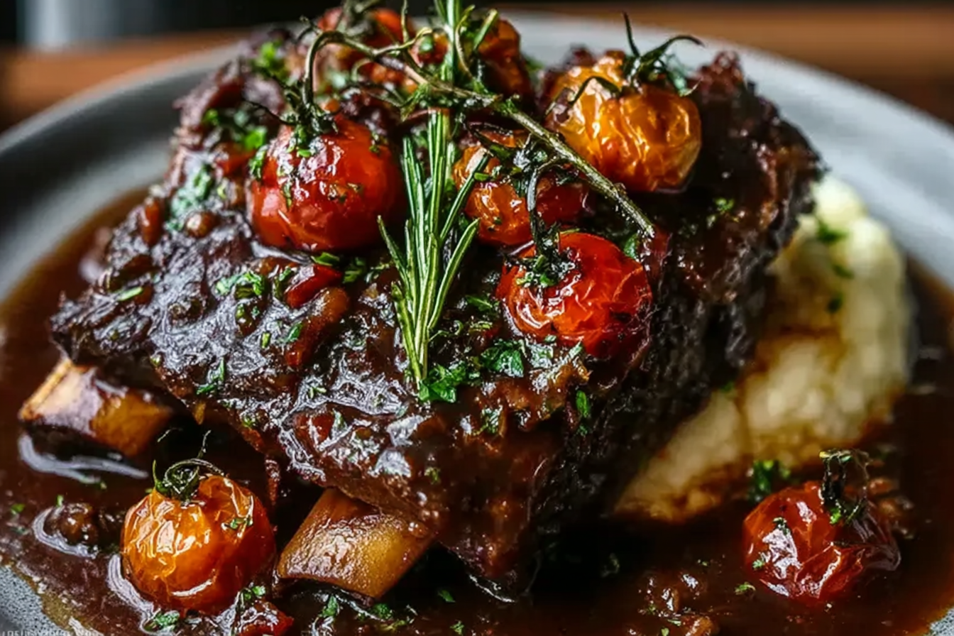 Tender Fall-Off-the-Bone Lamb Shanks in a Red Wine Herb Gravy with Vibrant Charred Cherry Tomatoes