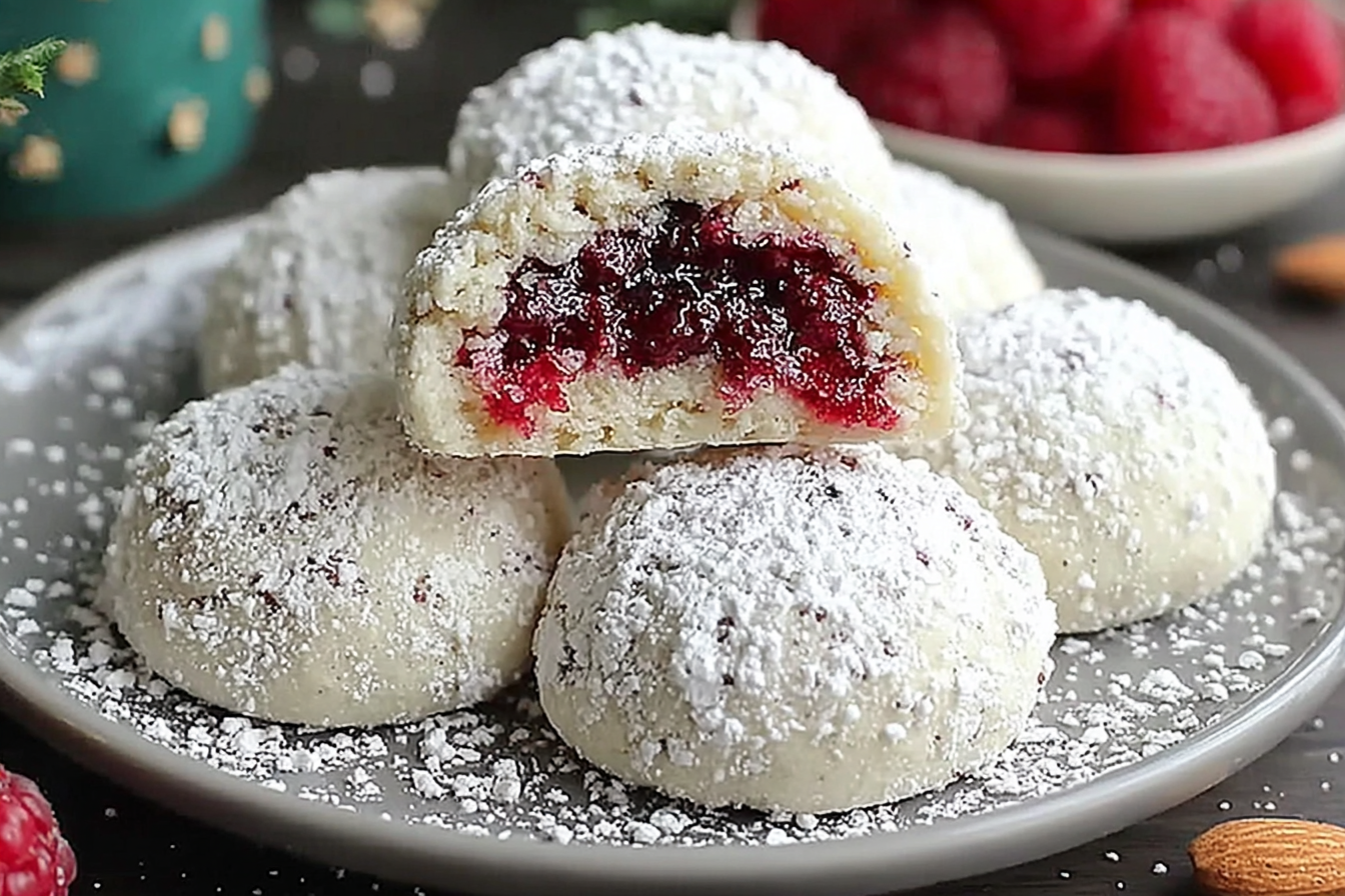 Raspberry-Filled Almond Snow Cookies