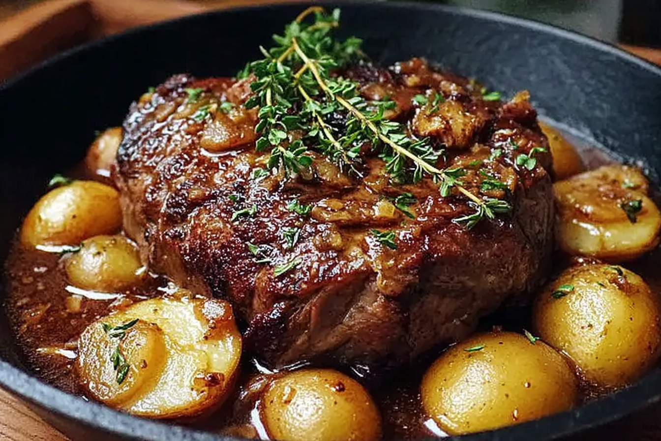 Fall-Apart Lamb Shoulder Glazed with Garlic, Honey Roasted Pears