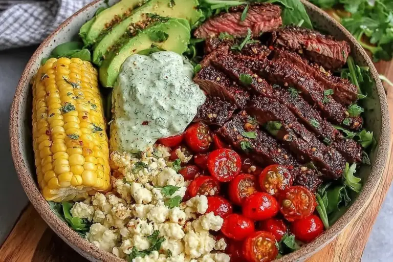 Steak, Avocado, and Roasted Corn Bowl with Cilantro Cream Sauce