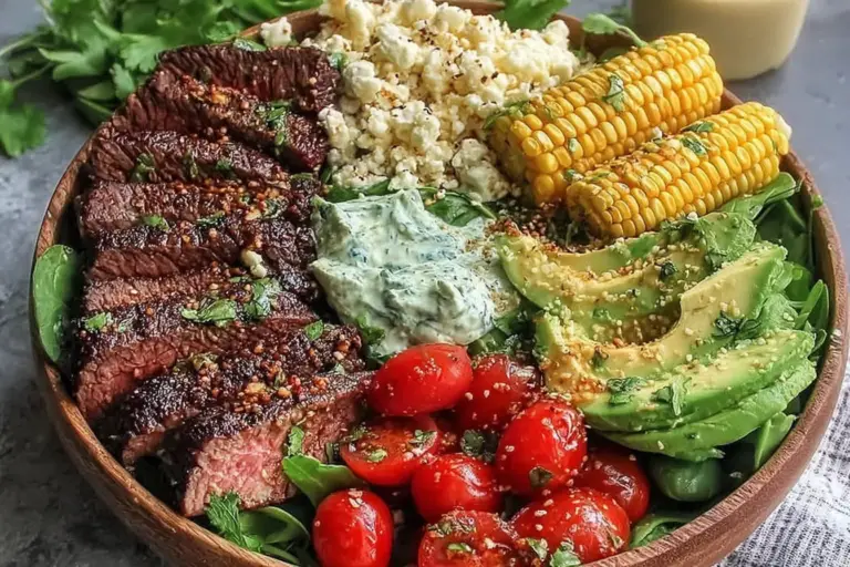 Steak, Avocado, and Roasted Corn Bowl with Cilantro Cream Sauce
