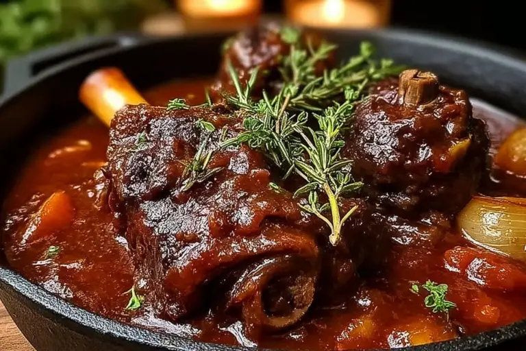 Slow-Braised Lamb Shank in Coffee-Infused Red Wine Jus with Herbs