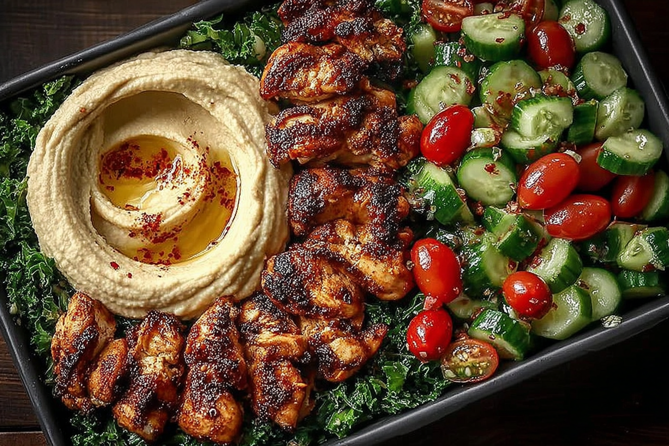 Spicy Garlic Chicken Bowl with Hummus Cucumber Salad