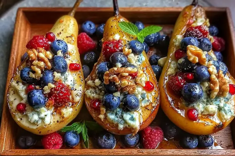 Baked Pears with Berries, Honey, Walnuts Blue Cheese
