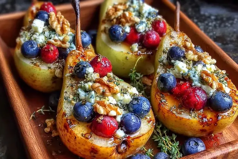 Baked Pears with Berries, Honey, Walnuts Blue Cheese