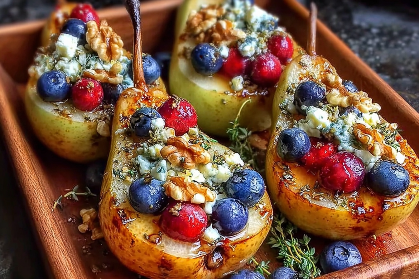 Baked Pears with Berries, Honey, Walnuts Blue Cheese