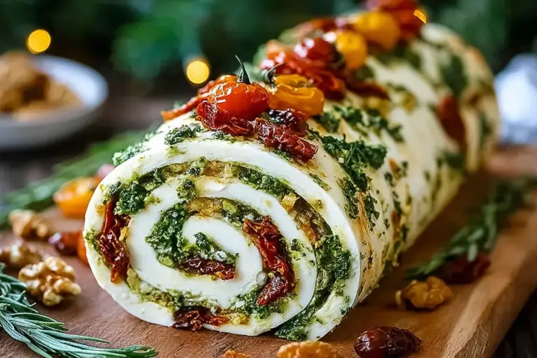 Holiday Cheese Log with Pesto and Sun-Dried Tomatoes