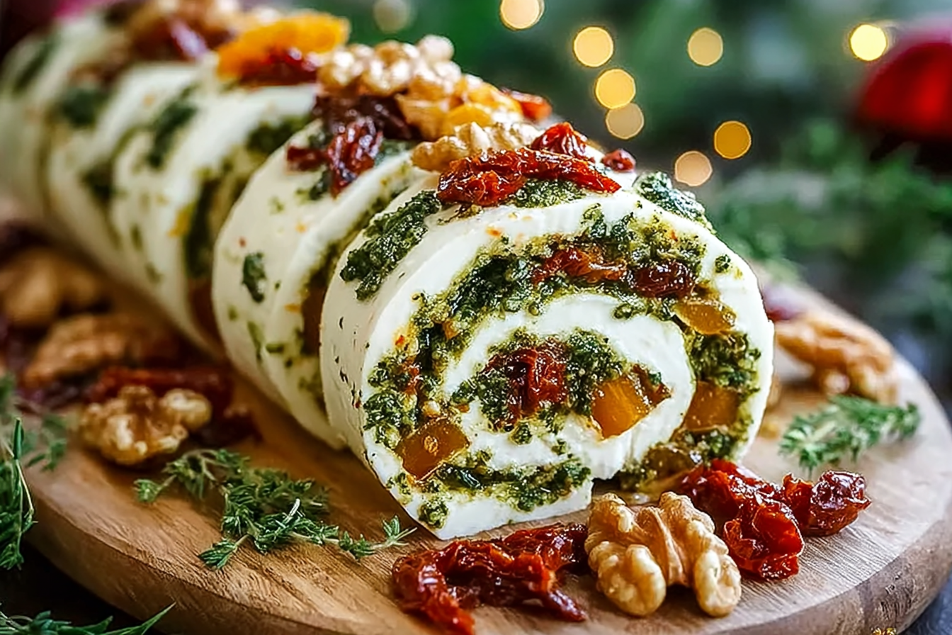 Holiday Cheese Log with Pesto and Sun-Dried Tomatoes