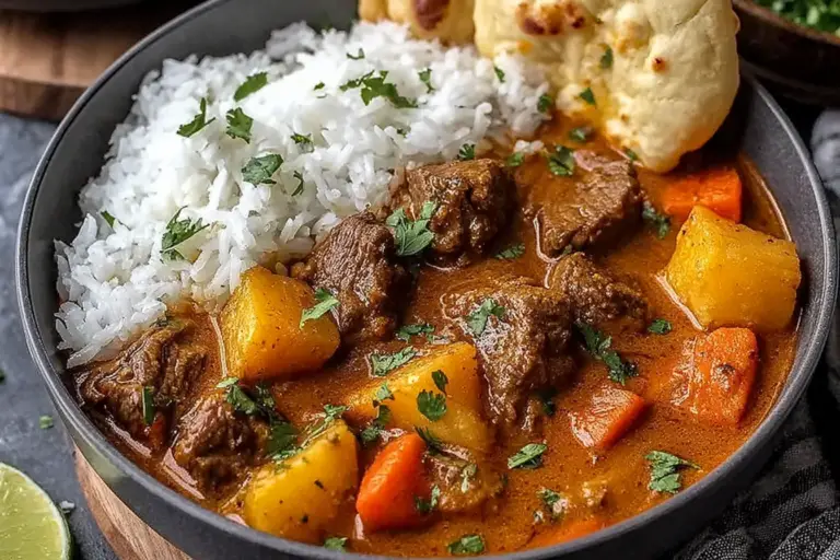 Hearty Coconut-Braised Beef Stew with Carrots, Peppers and Potatoes