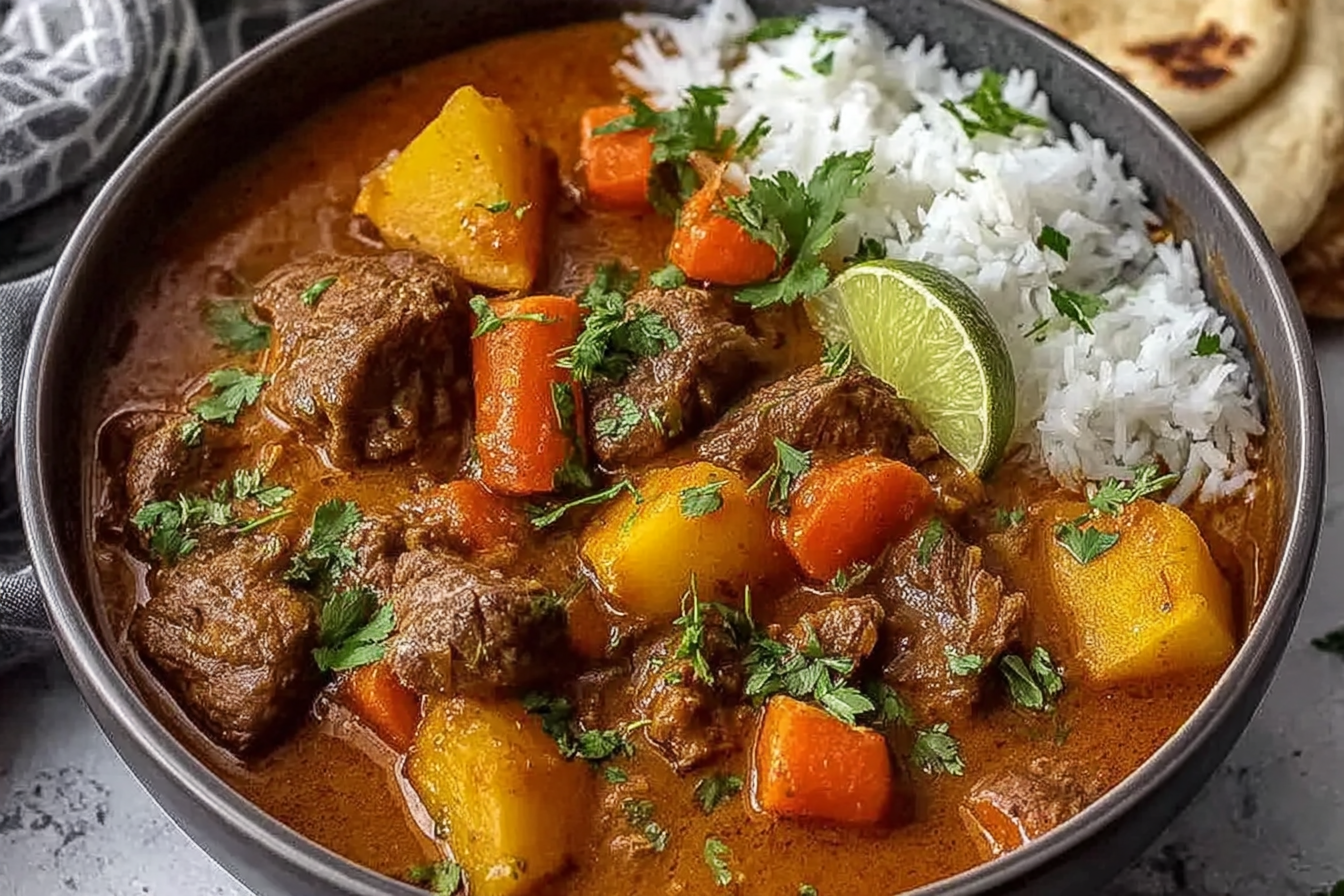 Hearty Coconut-Braised Beef Stew with Carrots, Peppers and Potatoes
