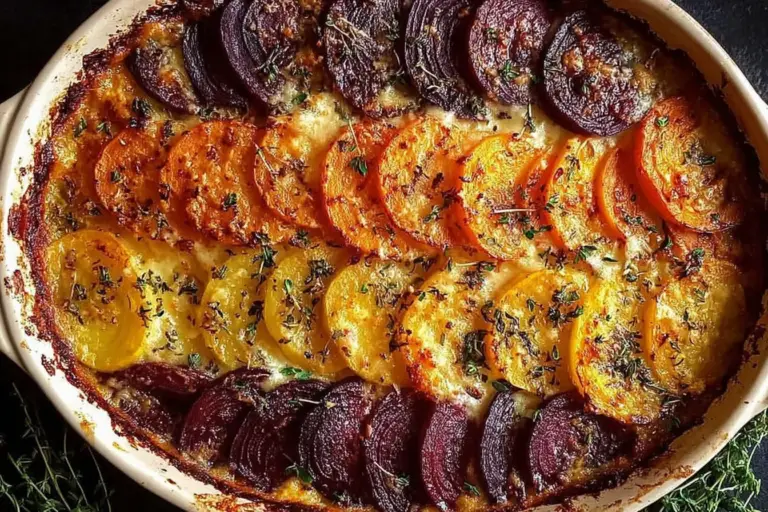 Root Vegetable Gratin with Sweet Potatoes, Parsnips, and Beets