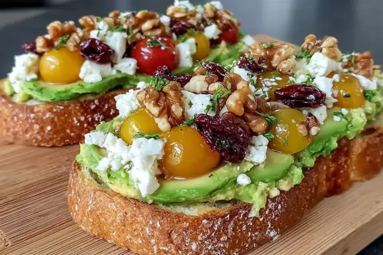 Avocado Toast with Feta, Cherry Tomatoes, Cranberries, and Walnuts