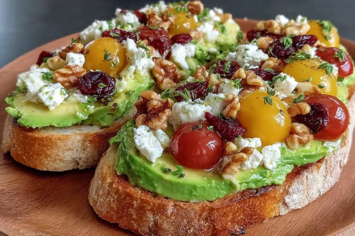 Avocado Toast with Feta, Cherry Tomatoes, Cranberries, and Walnuts