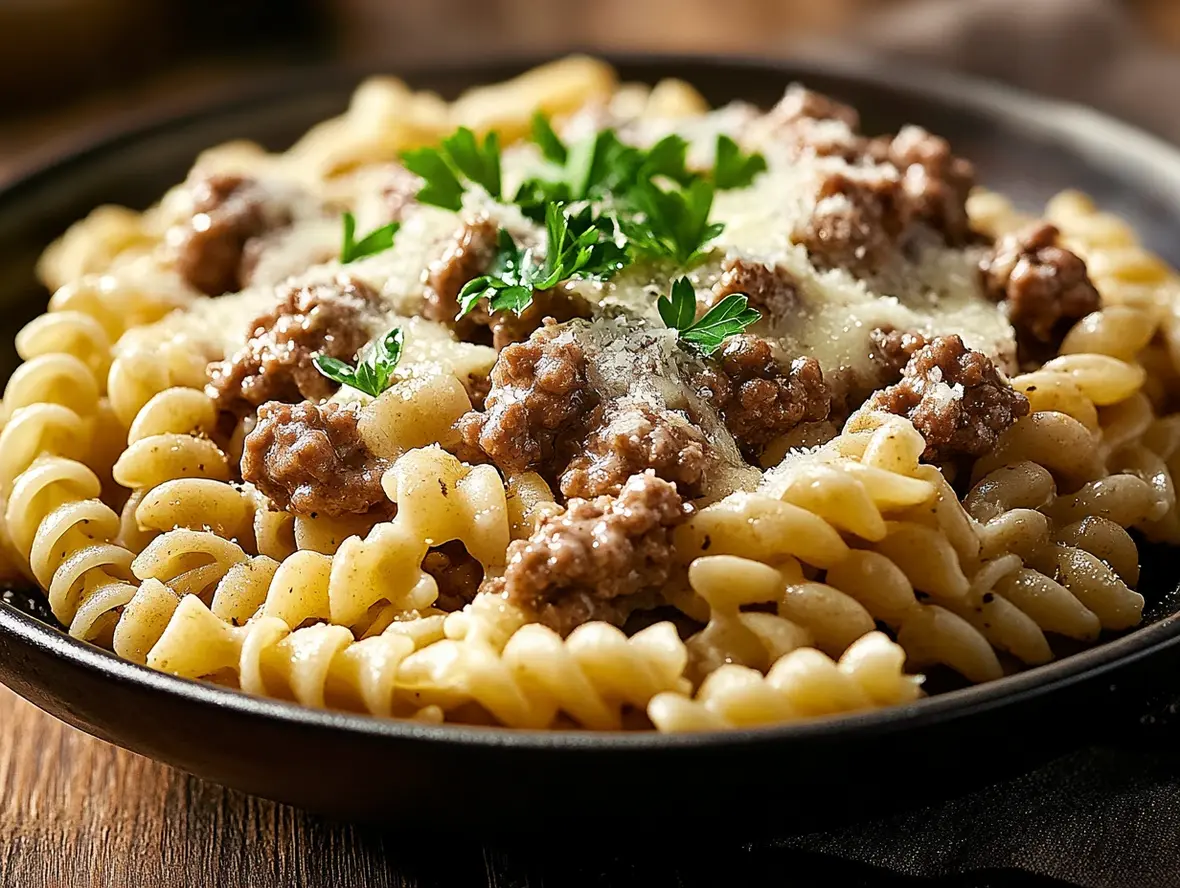 Finished rotini pasta tossed in creamy garlic parmesan sauce with ground beef, served on a plate with garnishes, showcasing the hearty and comforting final dish.