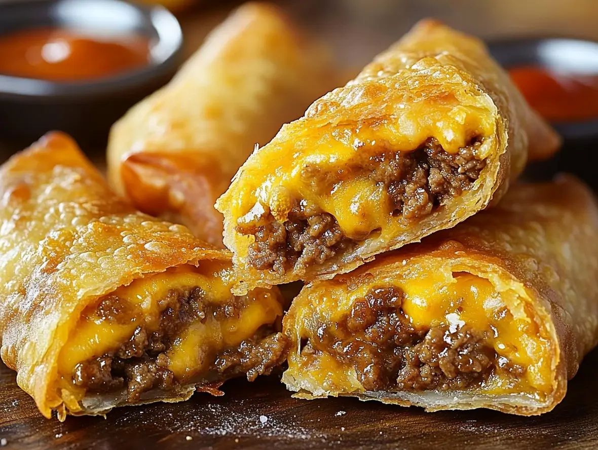 A serving platter of cheeseburger egg rolls with dipping sauces, ready for a party.