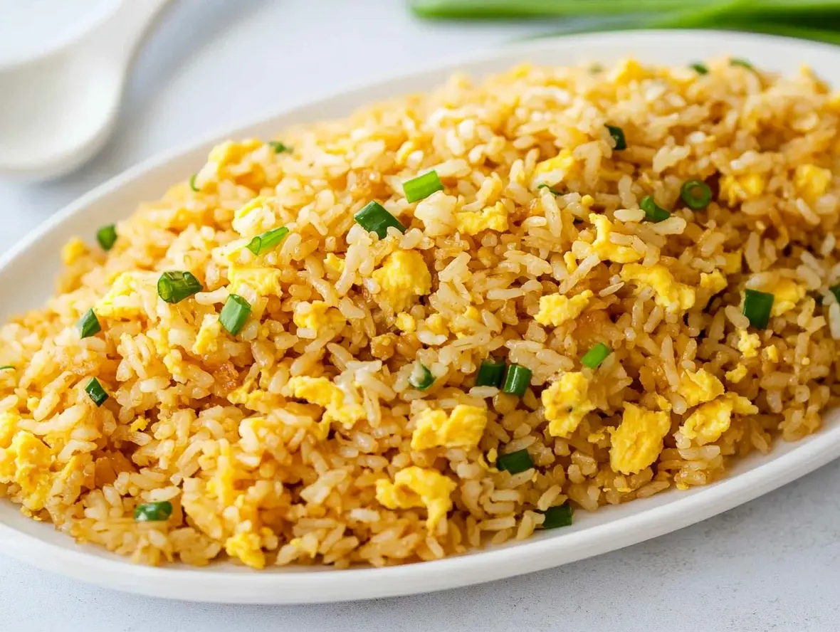 Finished egg fried rice garnished with green onions, perfect for quick dinner sides.
