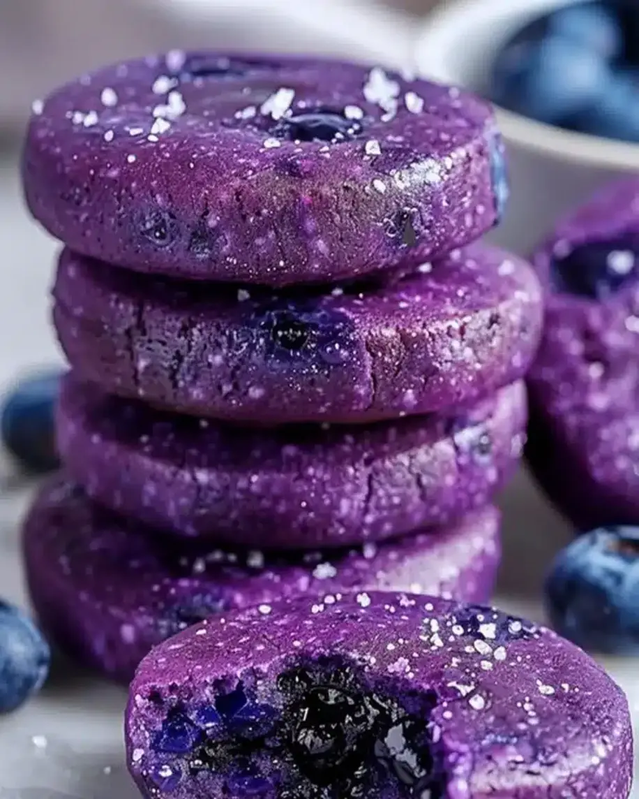 Close-up of Blueberry Heaven Cookies stacked on a plate, highlighting the chewy texture and blueberry bursts.
